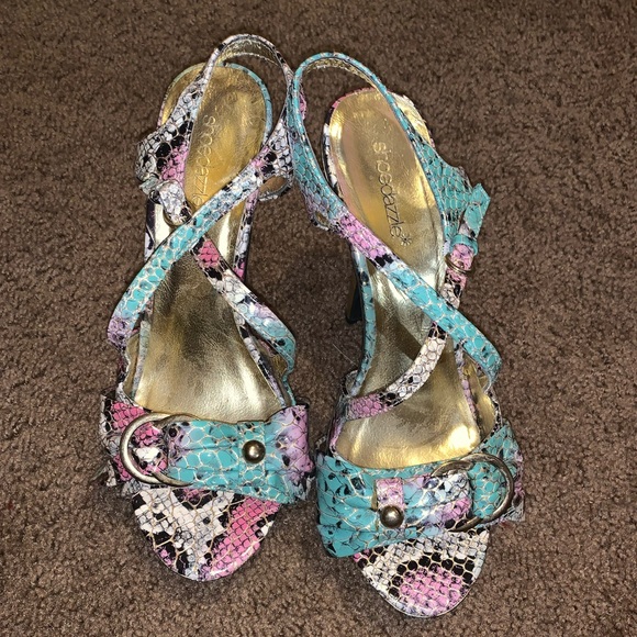 ShoeDazzle Aqua and Pink Snakeskin Platform Heels - Picture 2 of 5